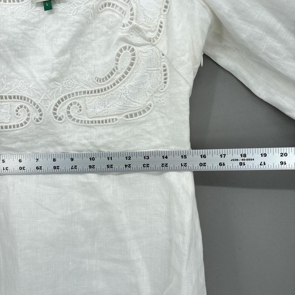 Farm Rio Dress Large White Mini Puff Sleeve Embroidered Linen Cottagecore Boho - Picture 11 of 16
